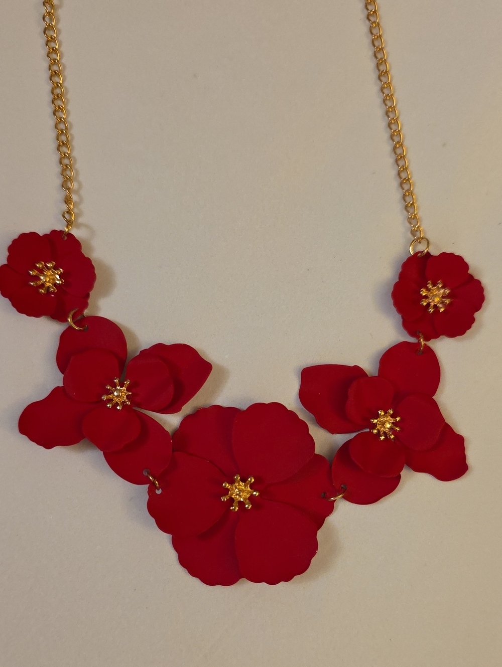 Statement Floral Necklace | Red Flower Bib Necklace | Gold Tone | New Boutique